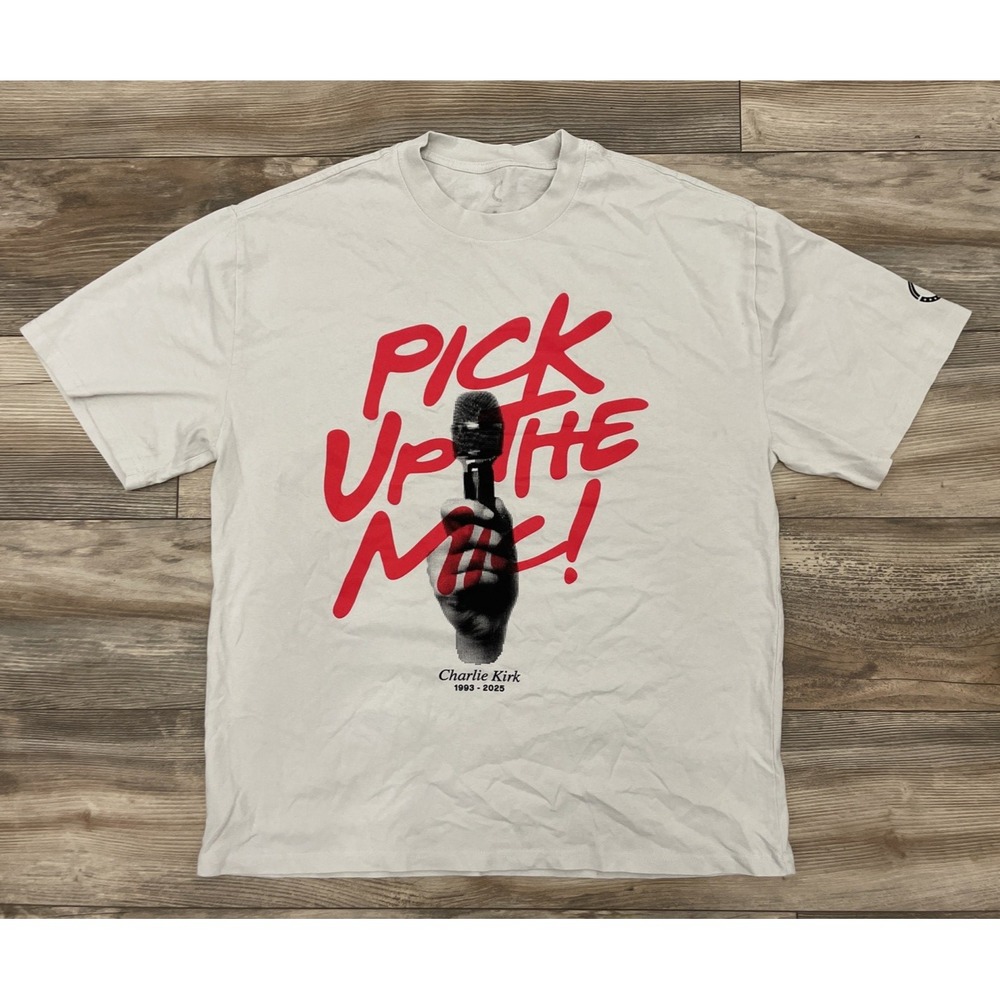 Turning Point USA Pick Up The Mic Charlie Kirk Graphic T Shirt Beige Large